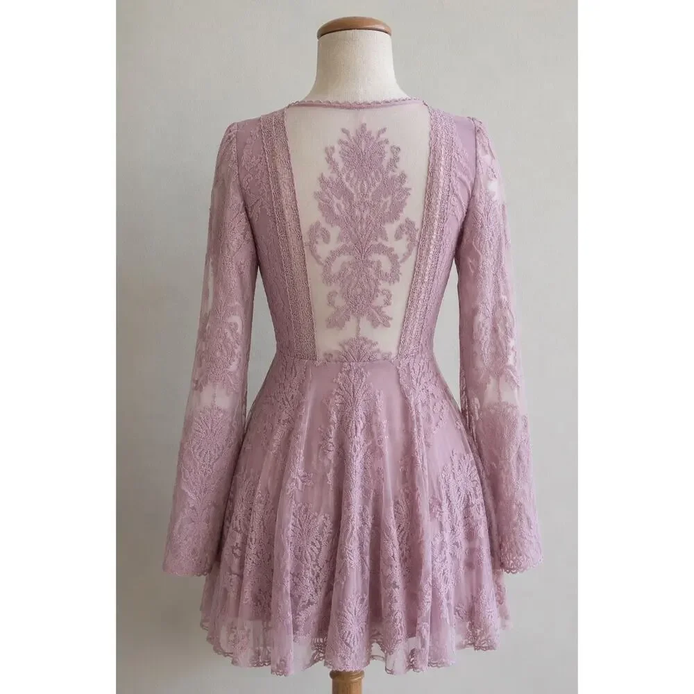 Free People Reign Over Me Dusty Lilac Lace Bell Sleeve Mini Dress 6 Taylor Swift